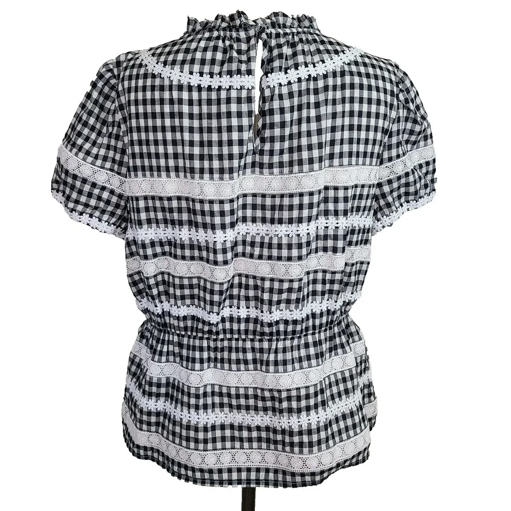 J. Crew Top M Black White Gingham Lace Trim‎ Puff Sleeve Peplum Pullover blouse